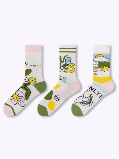 Spring smile flower knee-high socks