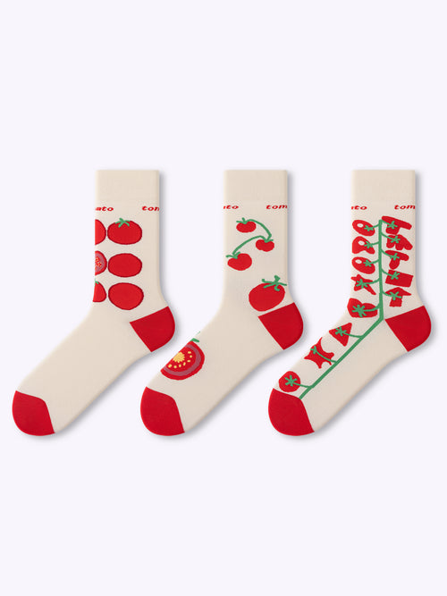 Tomato-Themed Fun Dopamine Mid-Calf Socks